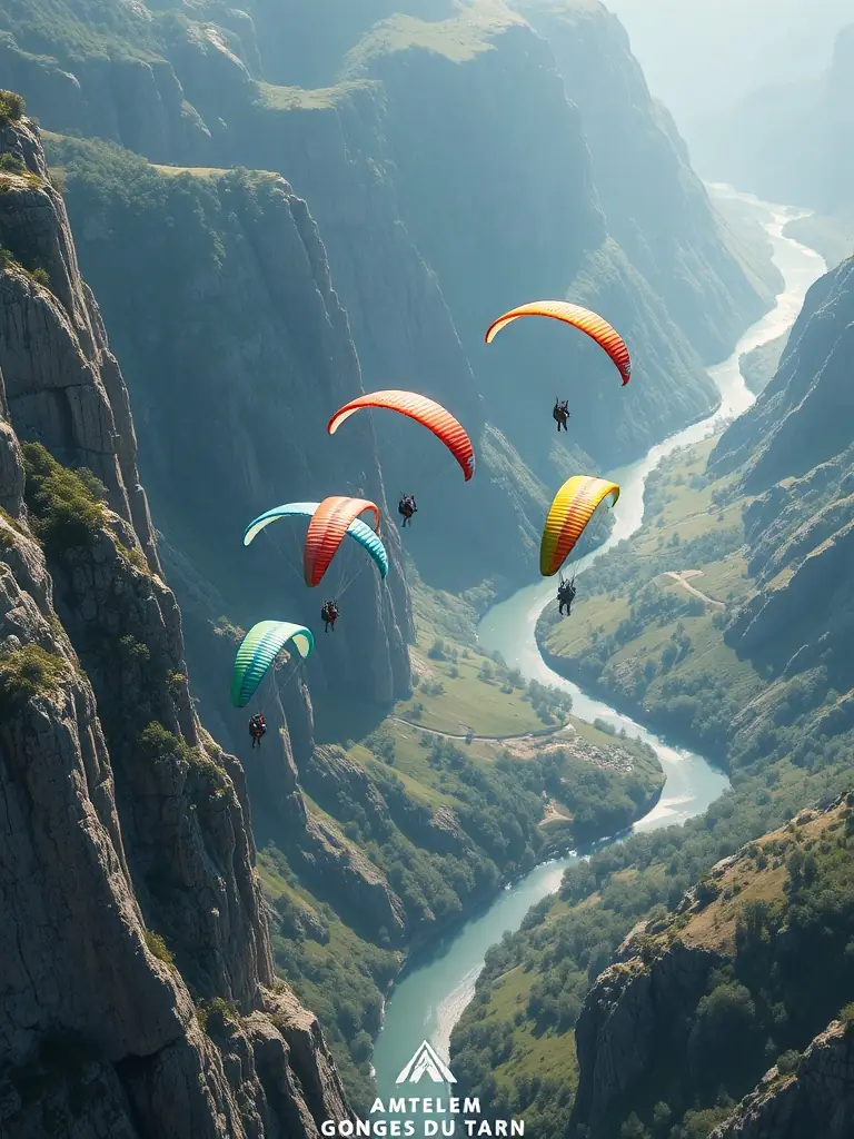 A group of paragliders soaring in formation above the Gorges du Tarn, showcasing the beauty of free flight.