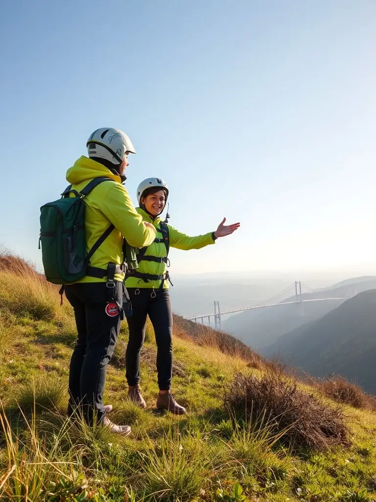 A paragliding instructor demonstrating proper launching technique to a student on a grassy hillside overlooking the Millau Viaduct.