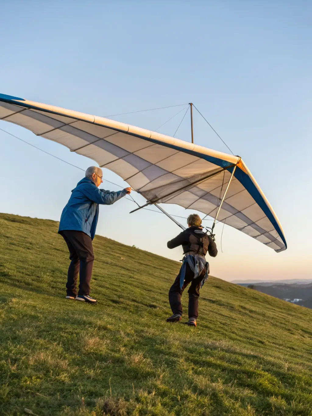 A paragliding instructor demonstrating proper launch techniques to a student on a grassy hillside, with the picturesque Millau Viaduct visible in the background.