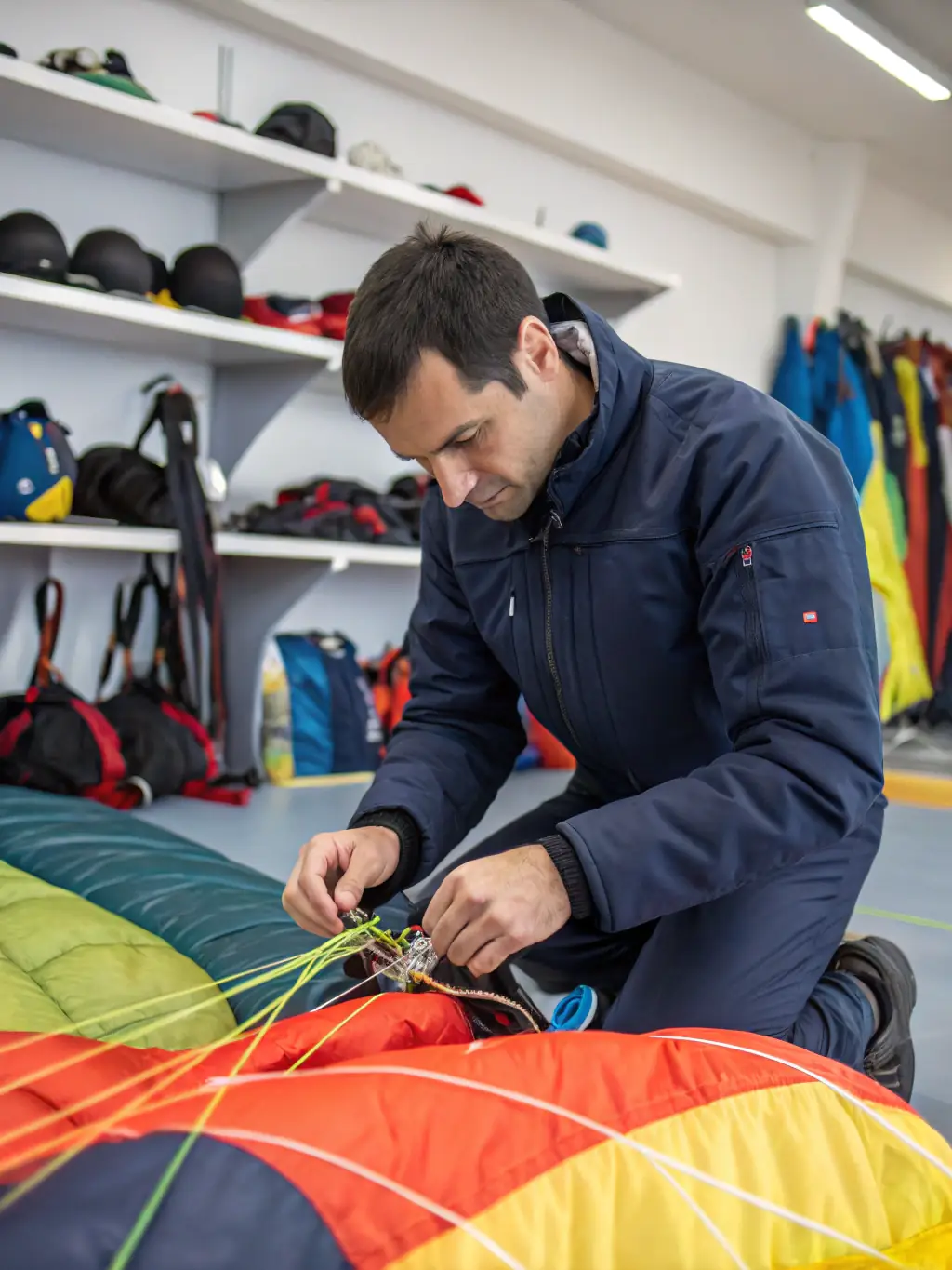 A hang glider pilot receiving pre-flight checks and instructions from an experienced instructor at a launch site.