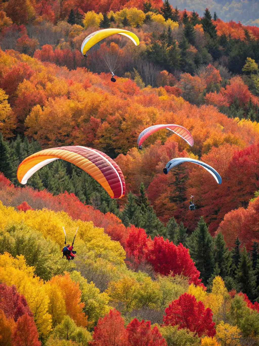 A group of hang gliders soaring in formation above the Gorges du Tarn, showcasing the beauty of the landscape and the thrill of free flight.