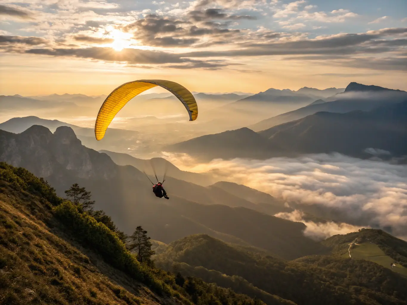 A vibrant photo of paragliders soaring above the stunning Millau Viaduct, showcasing the breathtaking views and premier flying conditions that Millau Free Vol offers its members.